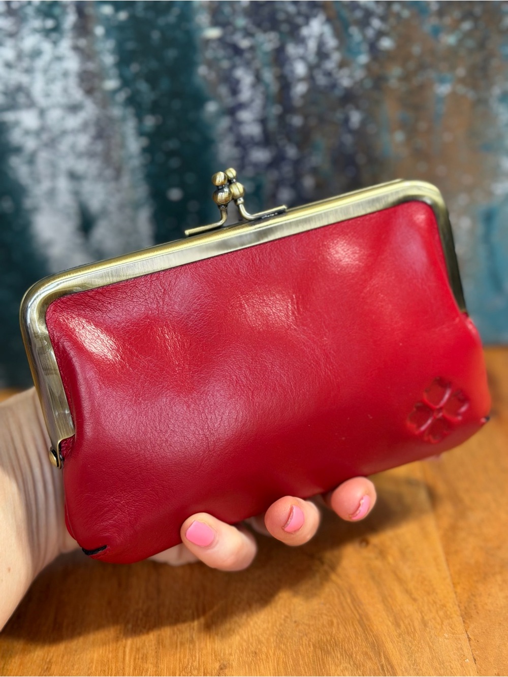 Patricia Nash Vintage Style Fira Kiss-Lock Leather Frame Pouch Red EUC